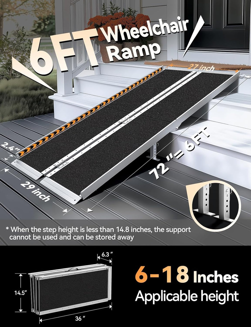 FACHNUO 6 Feet Portable Wheelchair Ramp with Sopport Legs, Non-Skid Aluminum Handicap Ramps, Folding Threshold Wheel Chair Ramp for Home Steps, Stairs, Entry, Threshold, Doorways, 800LBS Capacity