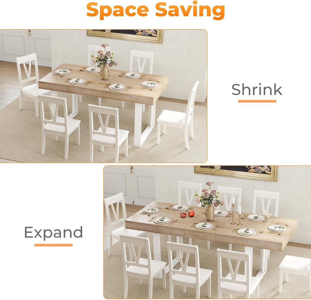 Zevemomo 63'-78.7' Expandable Dining Table, 6-10 Extendable Dining Table, Rectangle Conference Table, Farmhouse Kitchen Table with Slide Track, Tapered U-Shaped Wood Legs for Office, Living Room-Oak