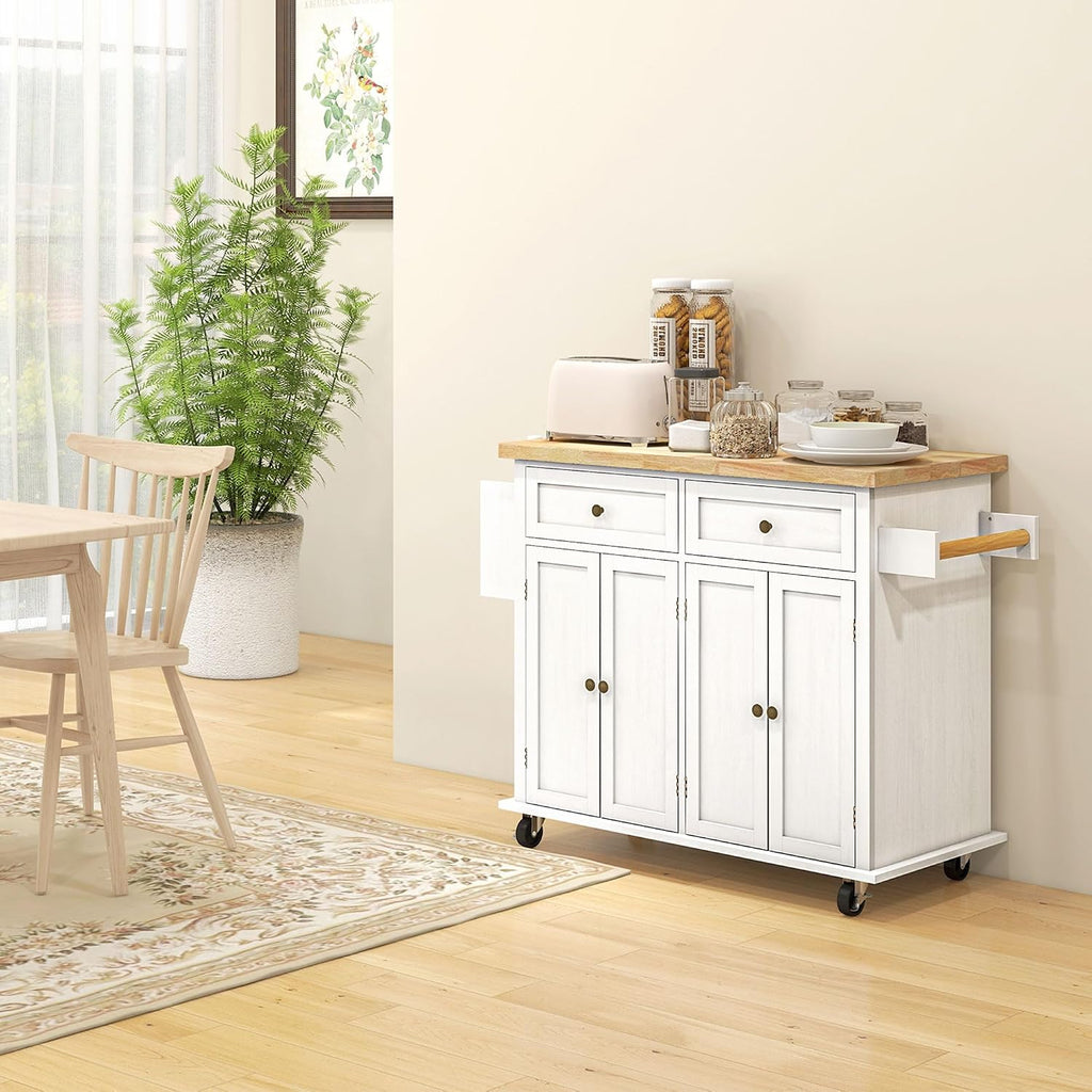 HOMCOM Kitchen Island Cart with Solid Wood Top, 44' Mobile Kitchen Island Table on Wheels with Storage Cabinets, 2 Drawers, Adjustable Shelves, Spice Rack & Towel Bar for Dining Room, Distressed White