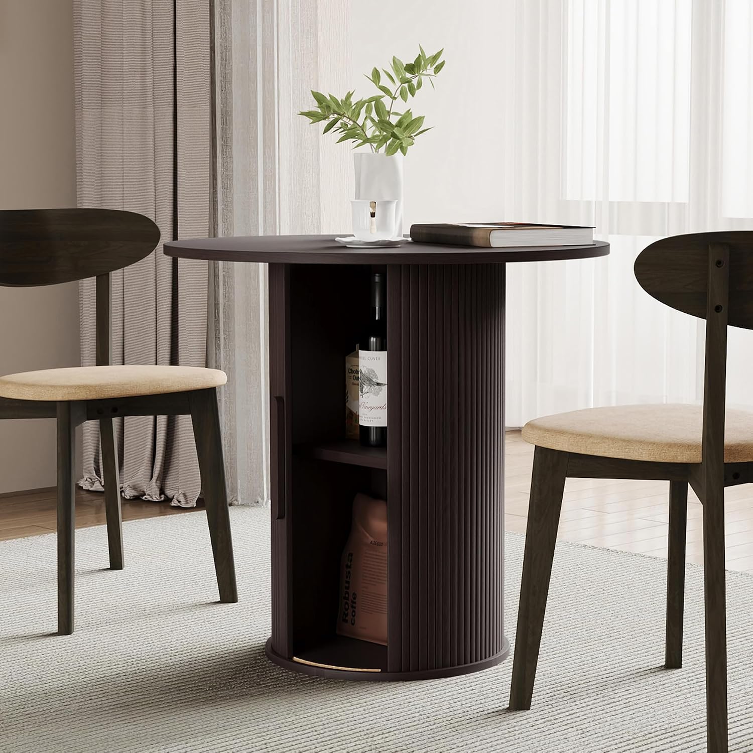 31.5' Round Dining Table for 2-4, Modern Kitchen Table with 2-Tier Storage Shelf, Small Wooden Circle Dining Tables with Fluted Base for Home Dining Room Living Room (Blackened Brown)