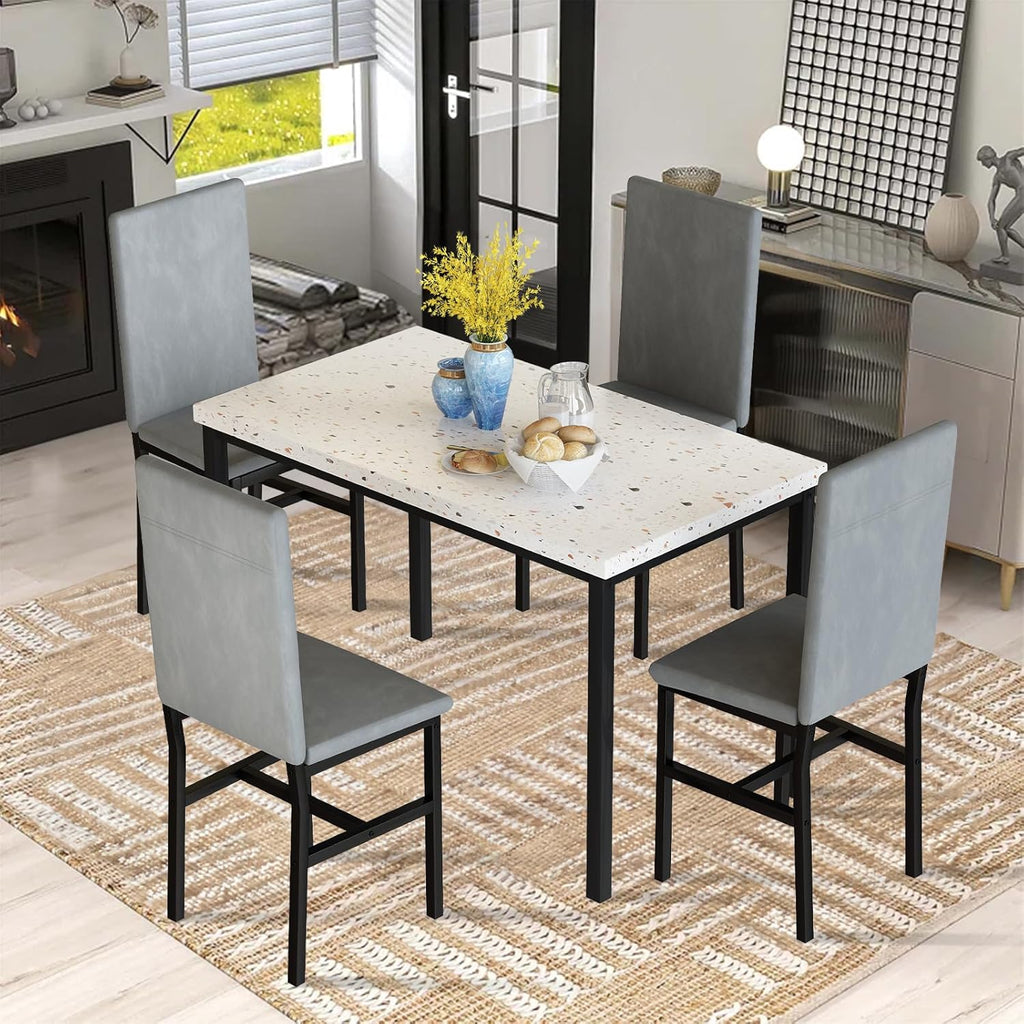 Hooseng 5 Piece Dining Table Set for 4, Small Faux Marble Kitchen Table with 4 Velvet Chairs, Modern Dining Room Table Set for Small Space, Breakfast Nook, Dinette
