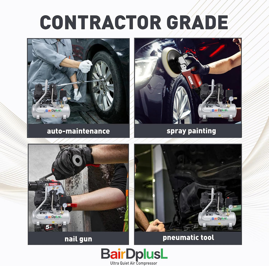 BairDplusL 3.2 Gallon Ultra Quiet Air Compressor 110V/60Hz 1.5HP 8.8CFM, MAX 115PSI Steel Tanks Oil-Free 70dB Noise Level Light & Quiet Portable Air Compressor for Auto Repair Spray Painting