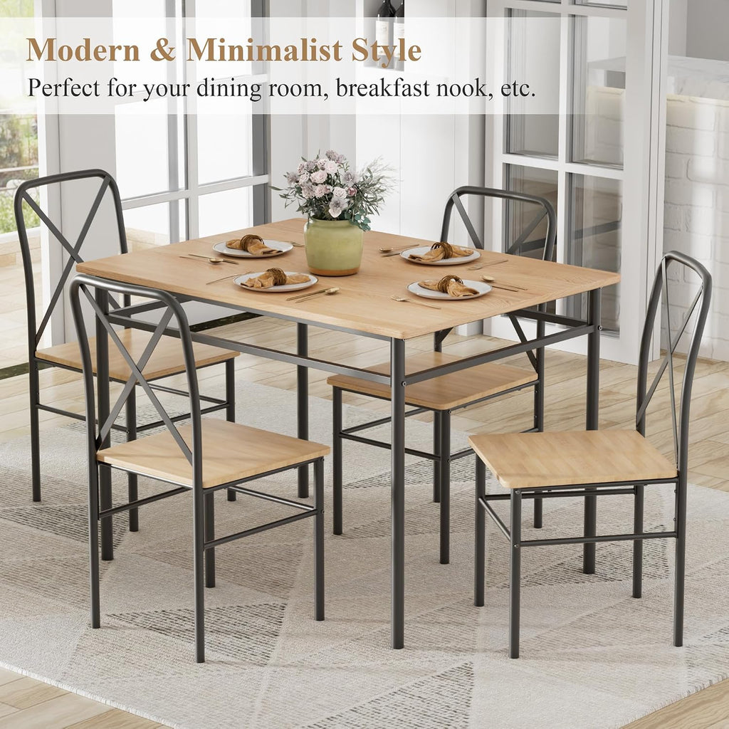 VECELO Dining Table Set for 4, 5-Piece Wood Kitchen Table with Chairs for Small Space, Breakfast Nook, Space-Saving, Natural Black