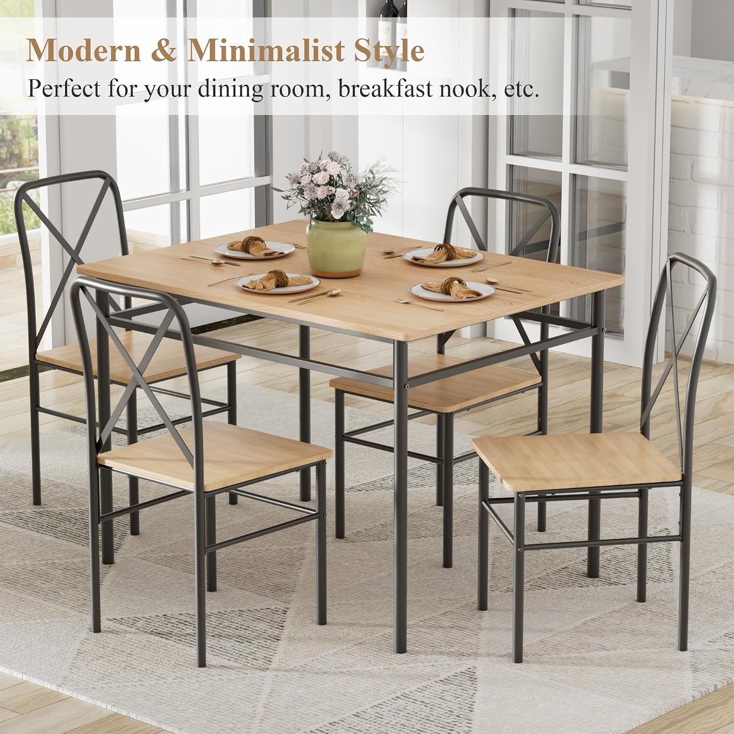 VECELO Dining Table Set for 4, 5-Piece Wood Kitchen Table with Chairs for Small Space, Breakfast Nook, Space-Saving, Natural Black