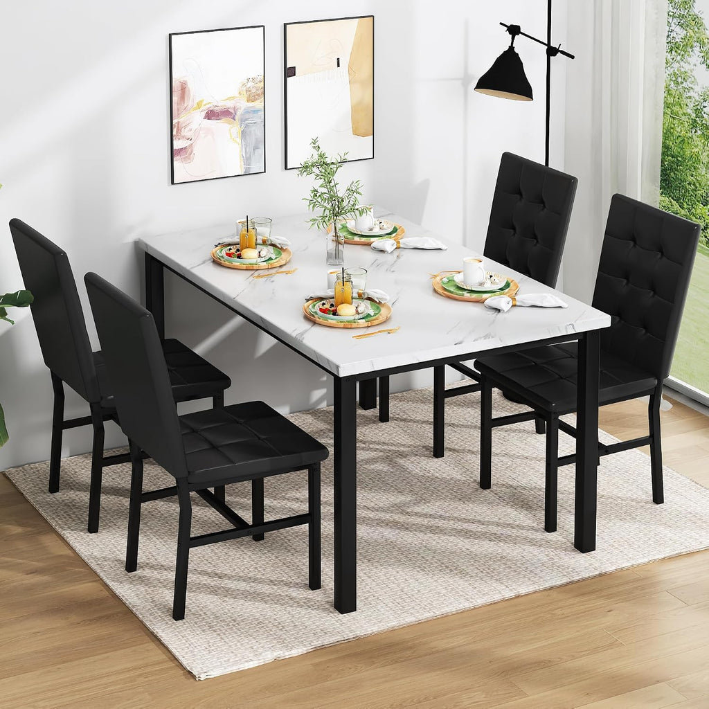 AWQM Dining Table Set for 4,Faux Marble Kitchen Table and Chairs Set of 4, Modern Dining Room Table Set for 4,Dinner Table with 4 Leather Chairs, Dinette Set for Small Spaces (White & Black)