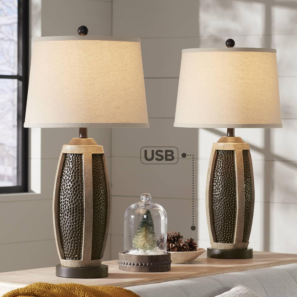 John Timberland Parker Rustic Farmhouse Table Lamps 28.5' Tall Set of 2 with USB Port Hammered Oil Rubbed Bronze Wood Accents Oatmeal Tapered Drum Shade for Cottage Core Living Room Bedroom Bedside