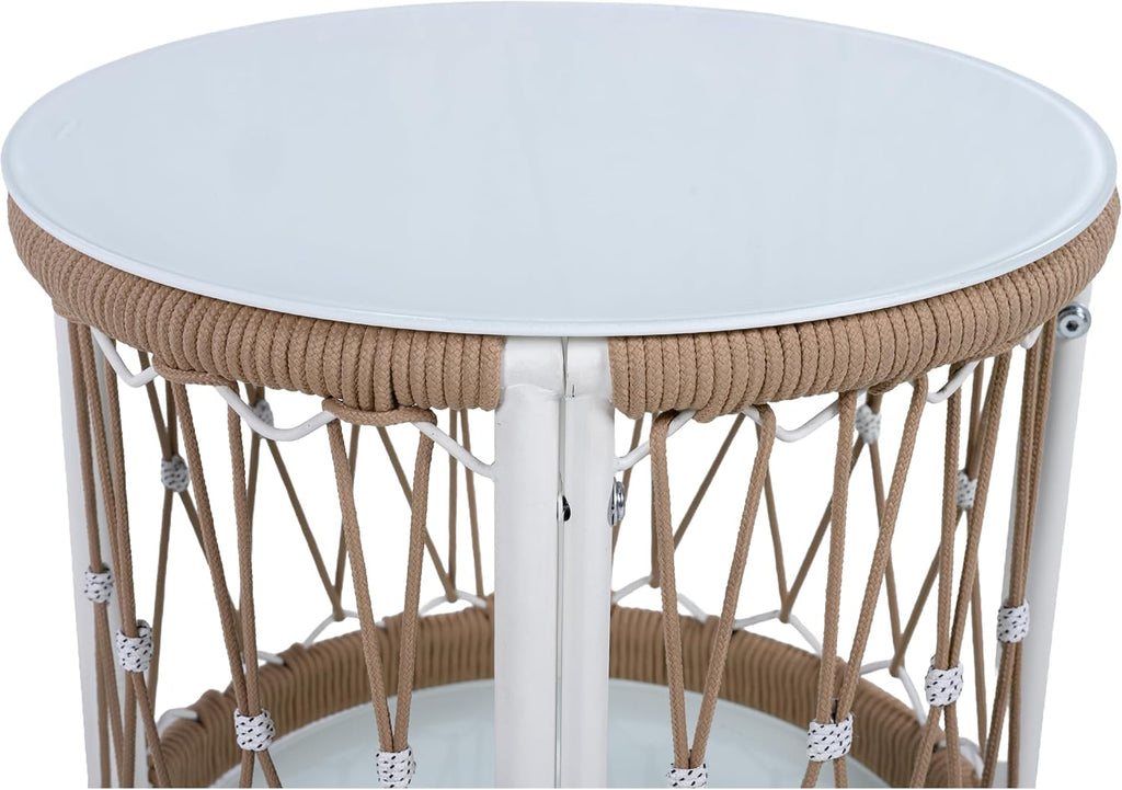 Christopher Knight Home Packy Bohemian Outdoor Side Table with Storage Shelf, Glass Top Small Patio Round Coffee Table, Sofa End Table for Patio Furniture Set with Metal Frame, White+Beige
