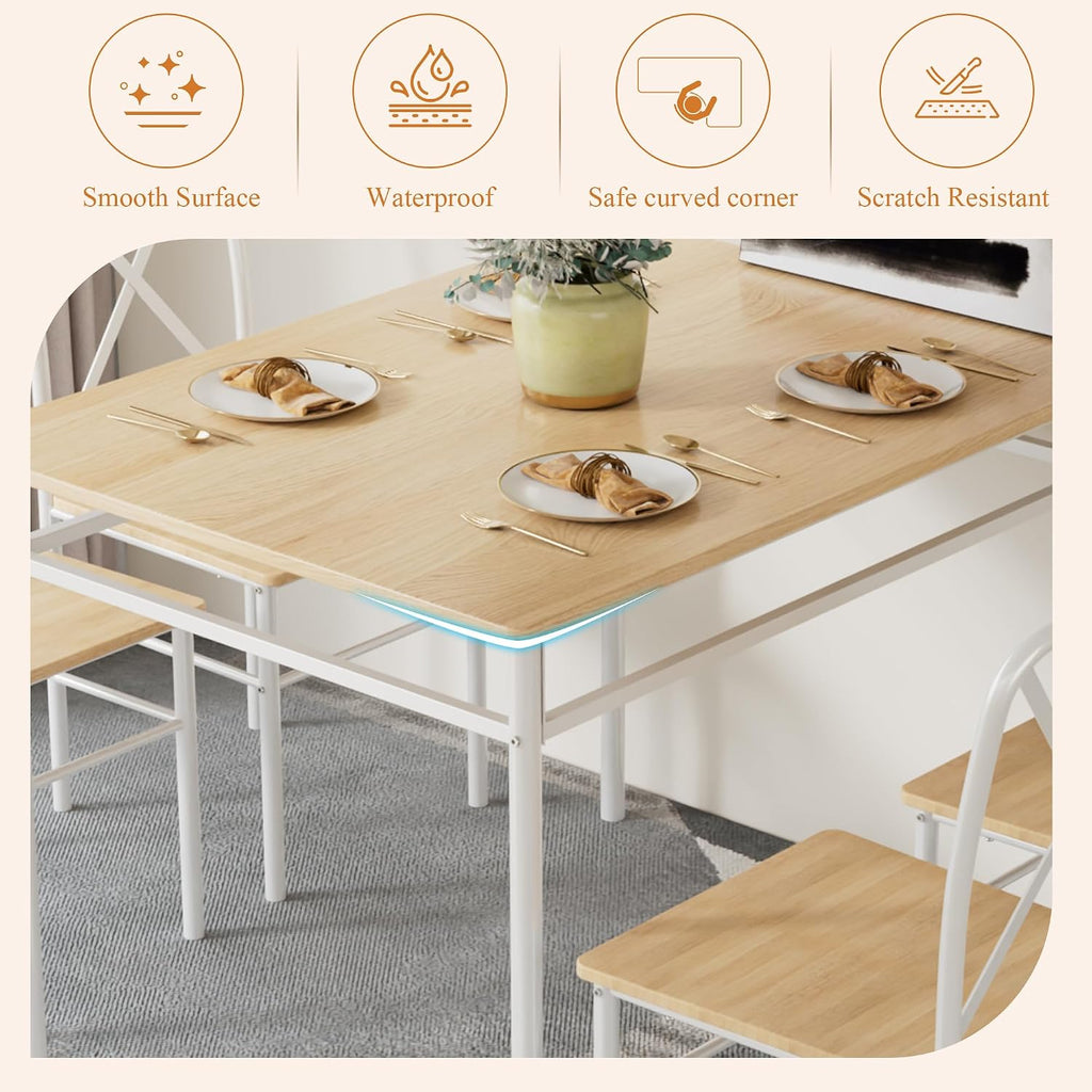 VECELO Dining Table Set for 4, 5-Piece Wood Kitchen Table with Chairs for Small Space, Breakfast Nook, Space-Saving, Natural White