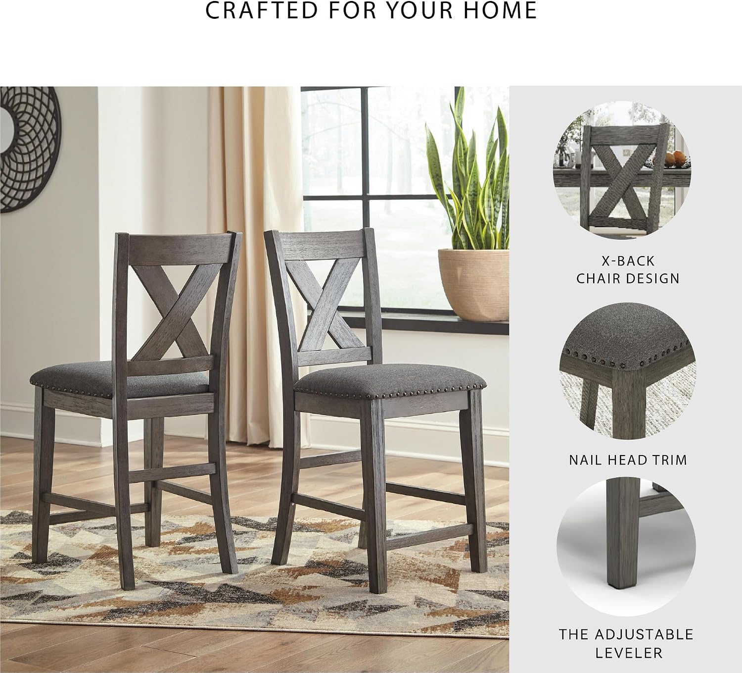 Signature Design by Ashley Caitbrook Casual Counter Height Dining Table and Upholstered Bar Stools with Nailhead Trim, Set of 7, Gray