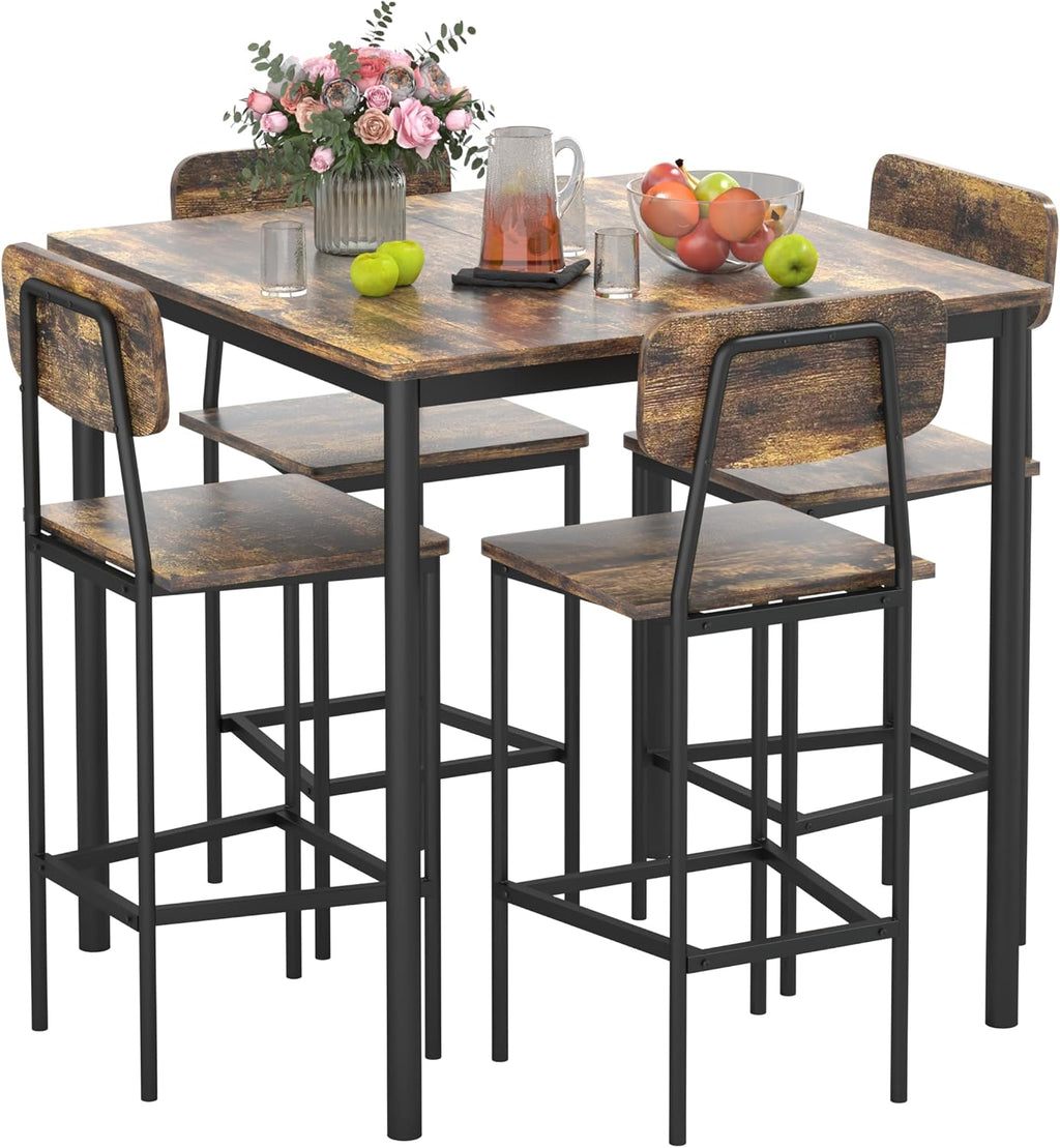 Dining Table Set for 4, 5 Piece Kitchen Table with Chairs, Sturdy Industrial Space Saving Dinette Set for Pub, Family Dinners, Apartment, Dark Brown