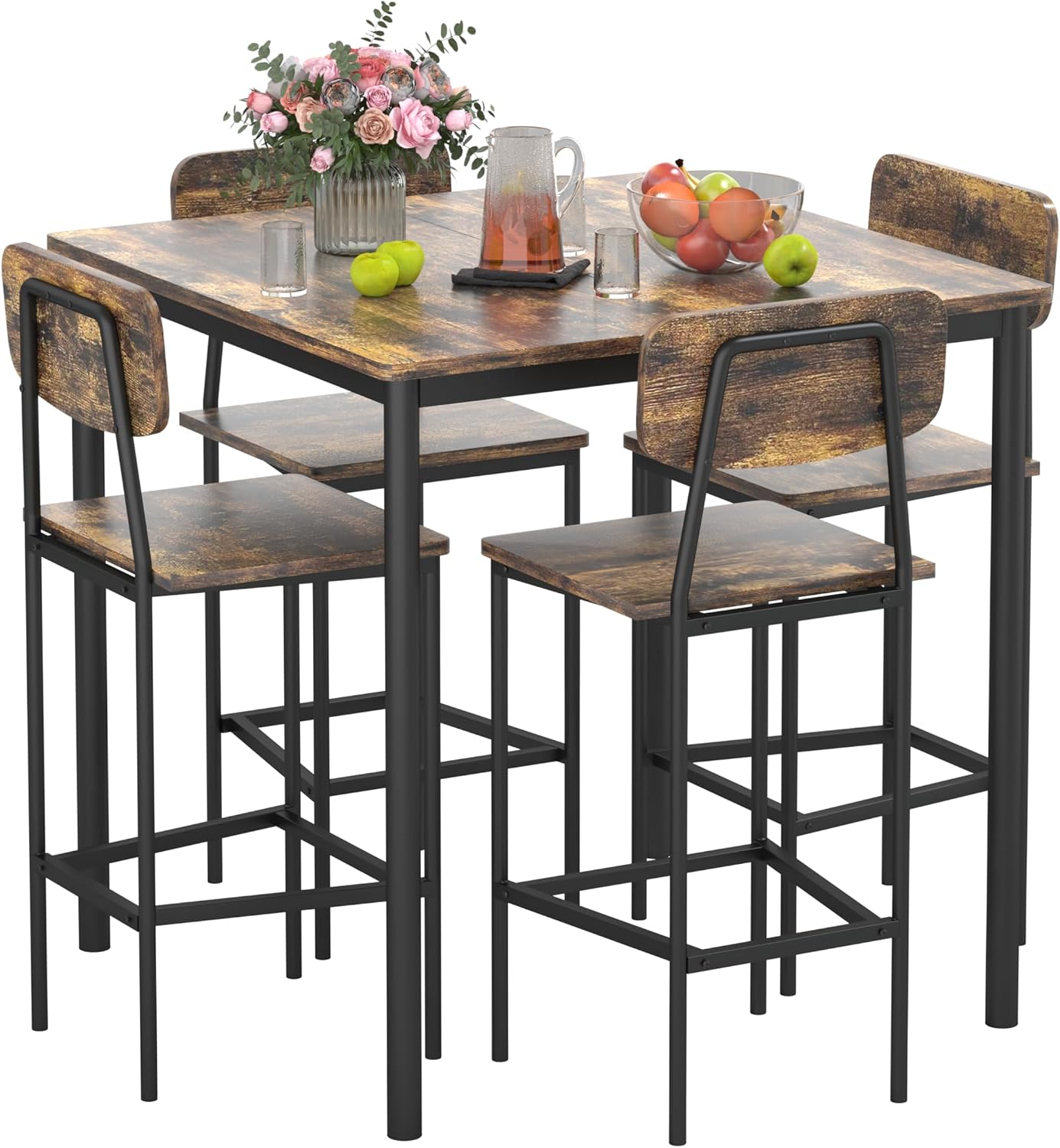 Dining Table Set for 4, 5 Piece Kitchen Table with Chairs, Sturdy Industrial Space Saving Dinette Set for Pub, Family Dinners, Apartment, Dark Brown