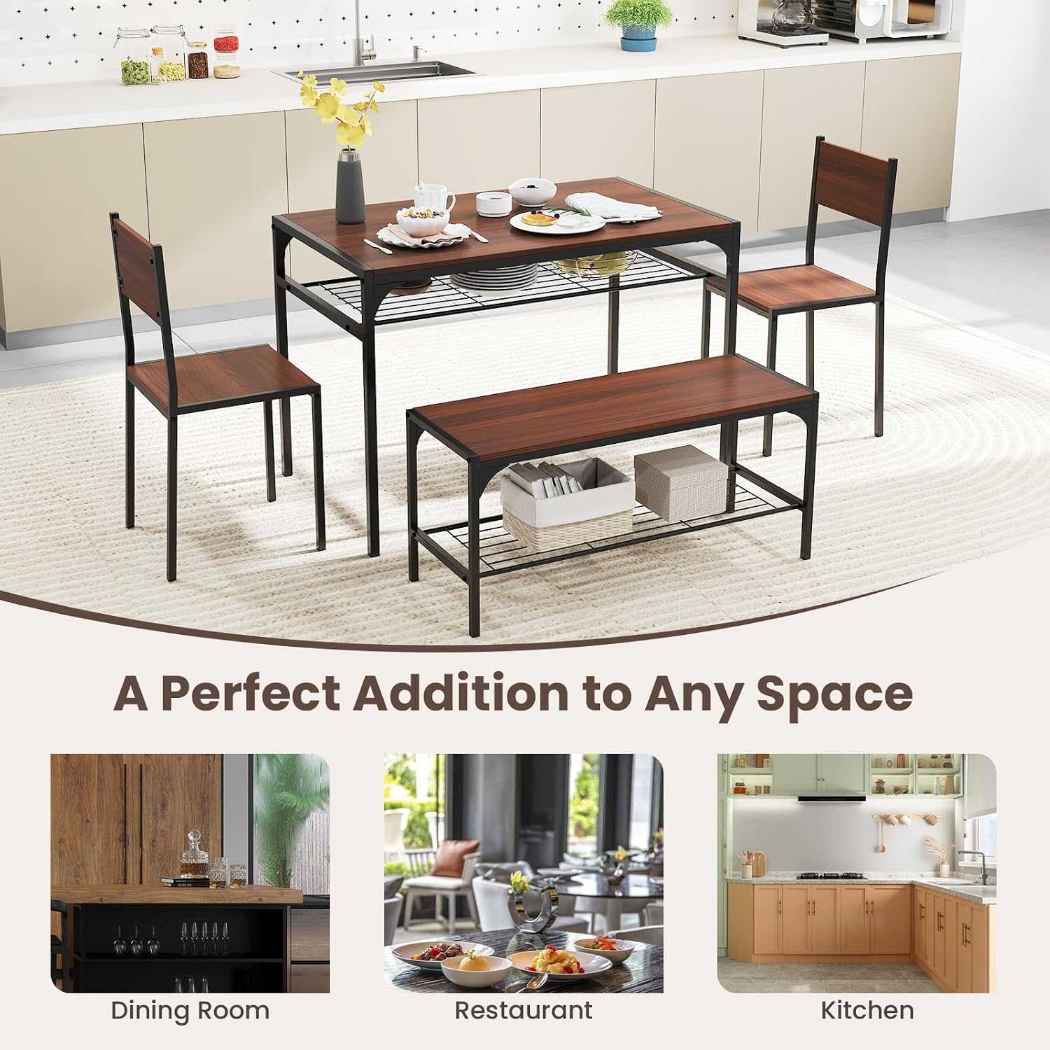 Giantex Dining Table Set for 4, Kitchen Table with Chairs & Bench, Storage Racks, Metal Frame, 4-Piece Space-Saving Dinette Set for Dining Room, Breakfast Nook, Small Space, Apartment, Walnut