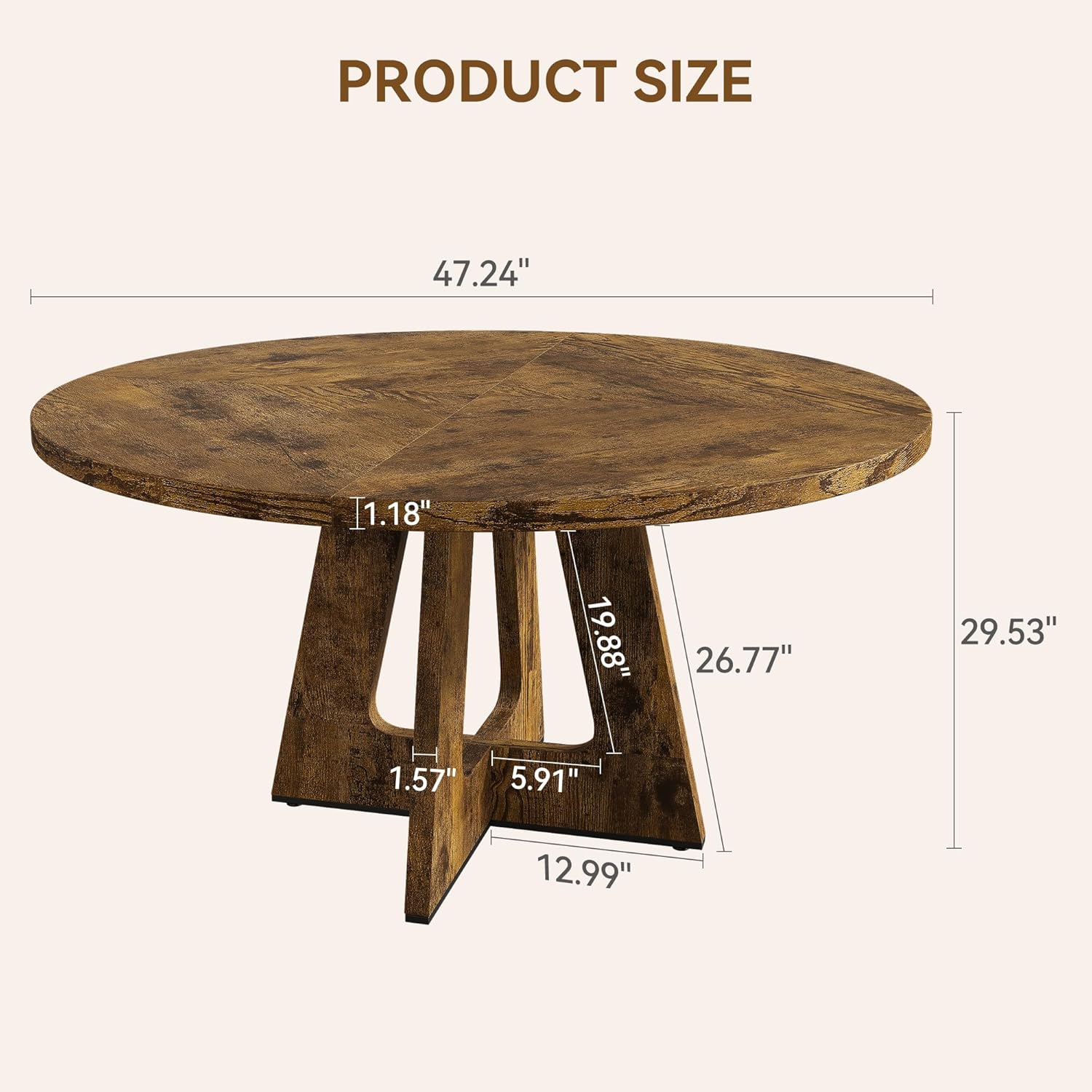 IDEALHOUSE 47' Round Dining Table Set for 4 to 6, Farmhouse Kitchen Table with Wooden Top and Pedestal Base, Circle Dinner Table for Dining Room, Kitchen Room - Rustic (No Chairs)