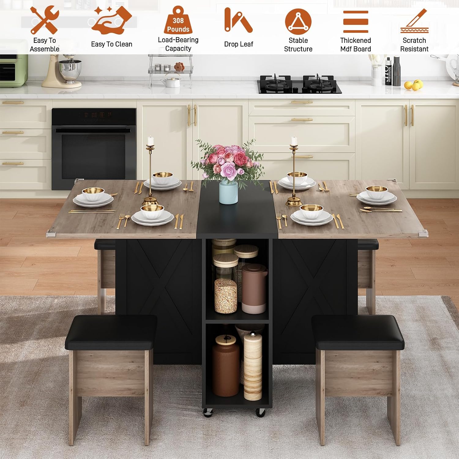 5 PCS Farmhouse Dining Table Set for 4,60' Large Folding Dining Table Set w/ 4 Leather Chairs, Drop Leaf Foldable Kitchen Table for Small Spaces,Barn Door Design,6 Wheels,2-Layer Storage Shelf,Black