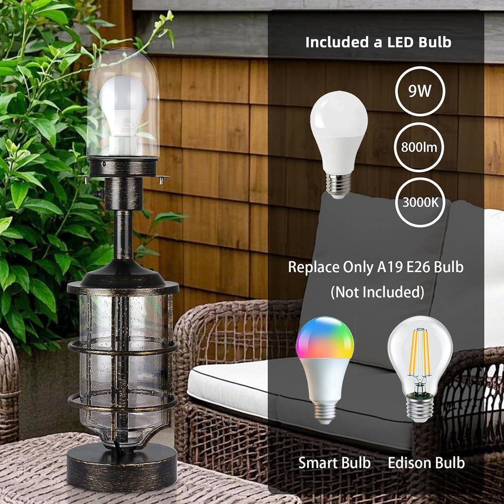 Outdoor Table Lamp, Farmhouse Lamp for Patio Table Decor with Cord, Rustic Table Light with Seeded Glass, 23.5' Plug-in Outdoor Lamps for Patio Waterproof, LED Bulb Included (Antique Copper Color)