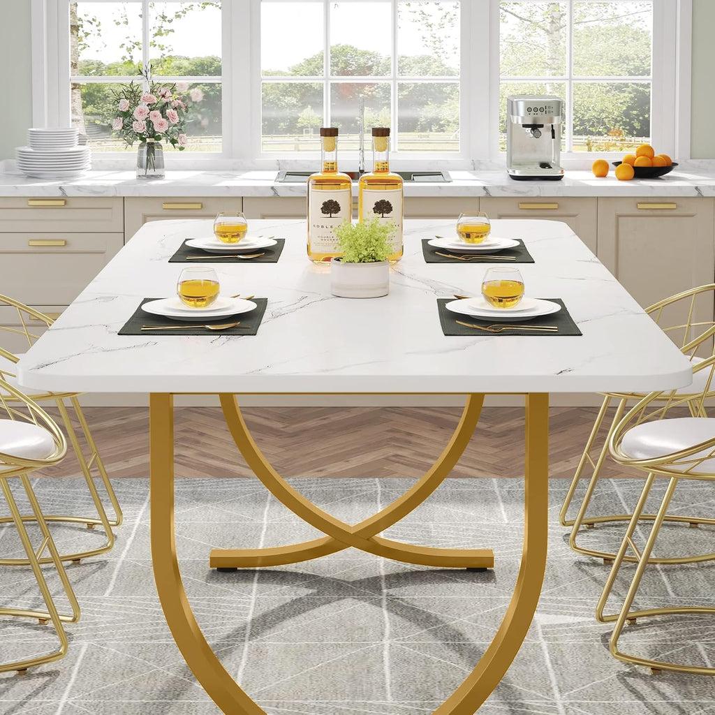 LITTLE TREE Dining Room Table, Kitchen Table with Faux Marble Table Top and Gold Metal Legs