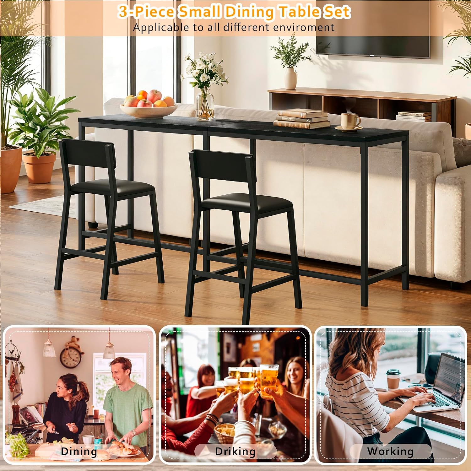 Bar Table and Chairs Set, 3 Piece Convertible L-Shaped Kitchen Table with 2 PU Leather Bar Stools, 63'' Counter Height Small Dining Table with Power Outlets, Space Saving, Breakfast Nook Corner, Black