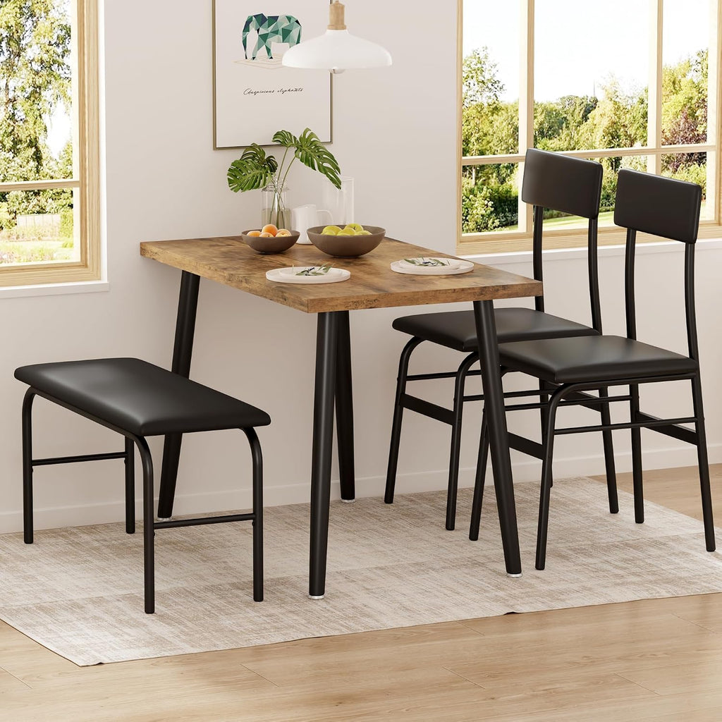 IDEALHOUSE Dining Table Set for 4, 4 Piece Kitchen Table Set with Upholstered Bench & 2 Chairs, Breakfast Table for Samll Space, Dining Room, Apartment, Restaurant, Rustic Brown