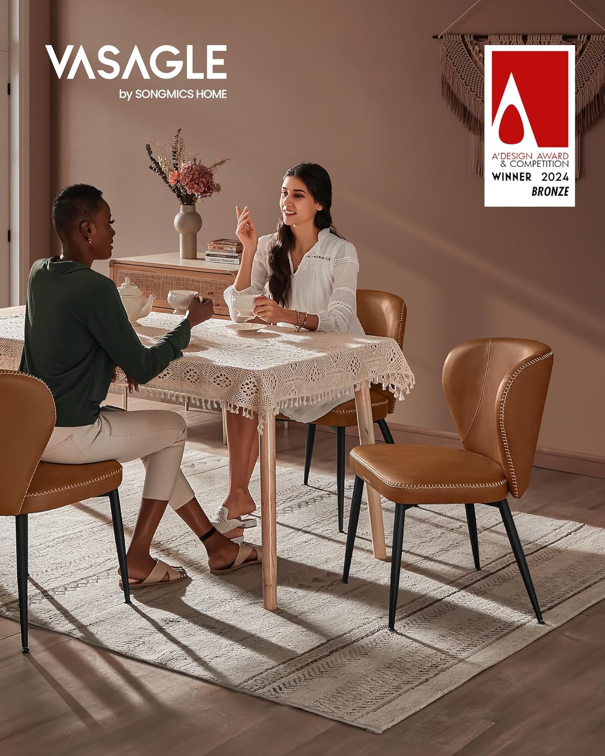 VASAGLE EKHO Collection - Dining Chairs Set of 6, Upholstered Kitchen Chairs, Comfortable Seat, Synthetic Leather with Stitching, Mid-Century Modern, Easy Assembly, Living Room Lounge, Caramel Brown