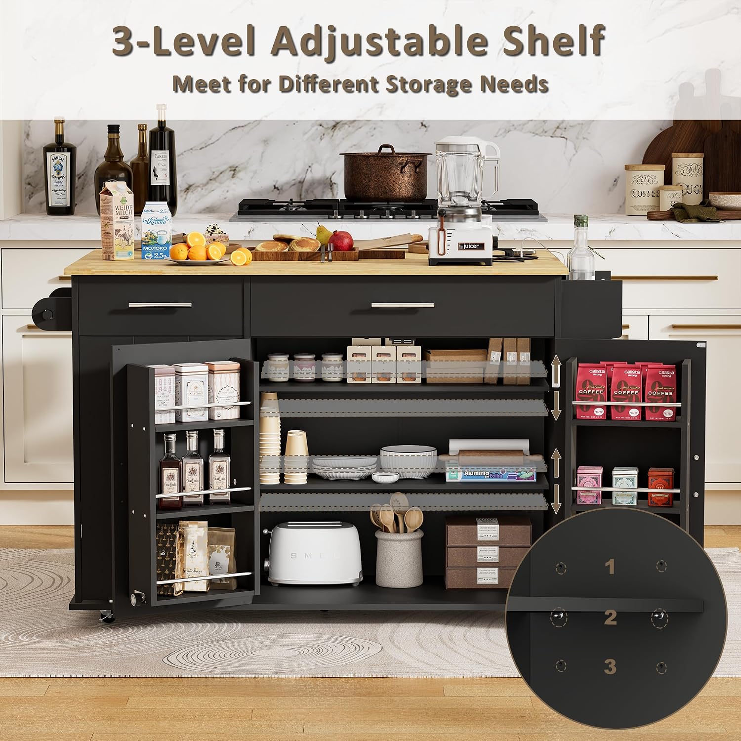 HQZX Rolling Kitchen Island with Trash Can Storage, Portable Kitchen Island Cart on Wheels with Drop Leaf & Power Outlet, Towel Rack & Spice Rack, Large Mobile Island Table for Kitchen, Black