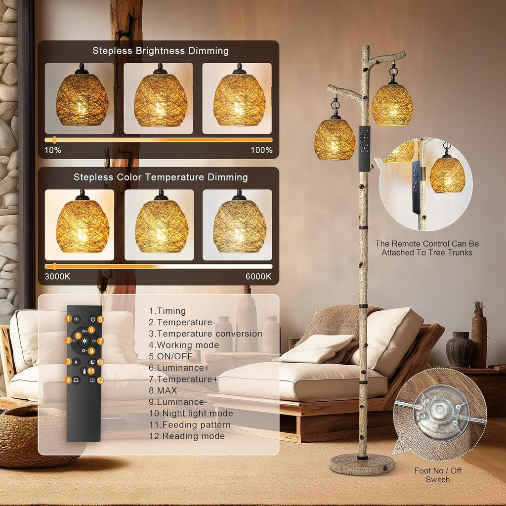 Scenekoy 68.5' Rustic Farmhouse Remote Control Switch Birch Tree Floor lamp with Bird Nest Lantern Shade Vintage Standing Lamp for Living Room Bedroom Hotel Bar Office Wood House(Bulb Included)