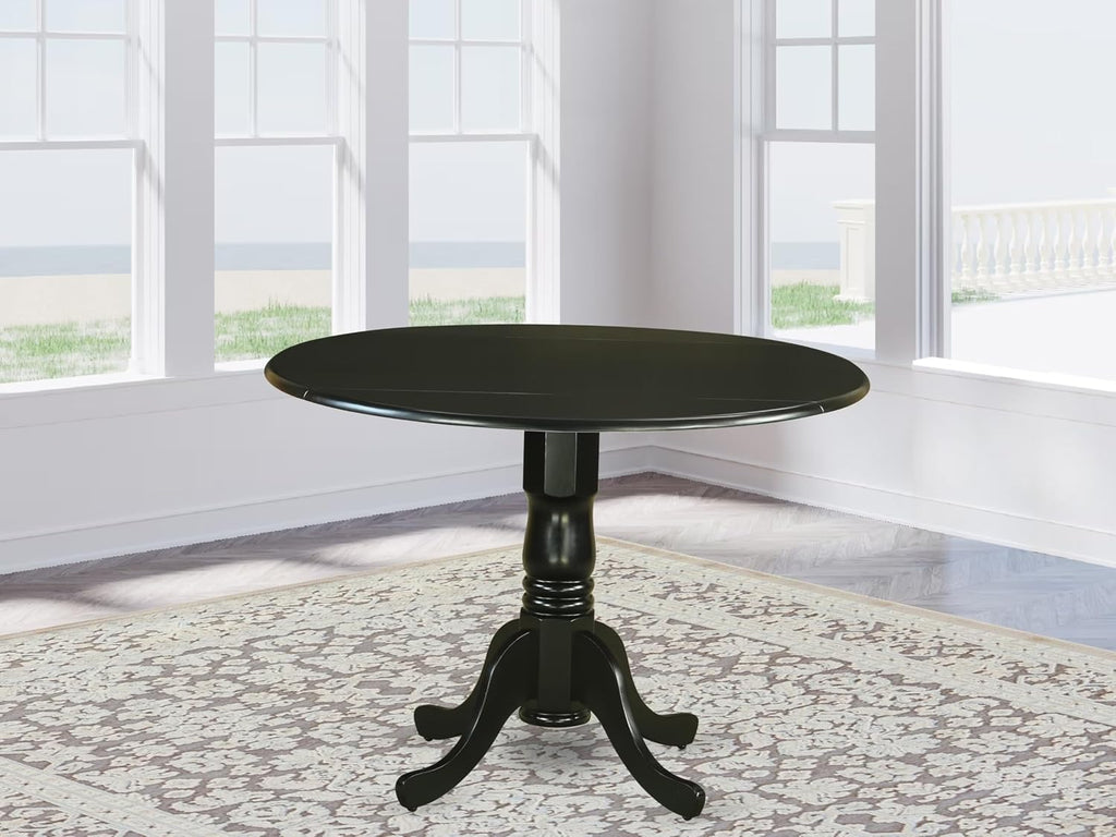 East West Furniture DLT-BLK-T Dining Room Table - a Round Top with 2 Drops Leaf and Pedestal Leg, 42x29.5 Inch, Black Finish