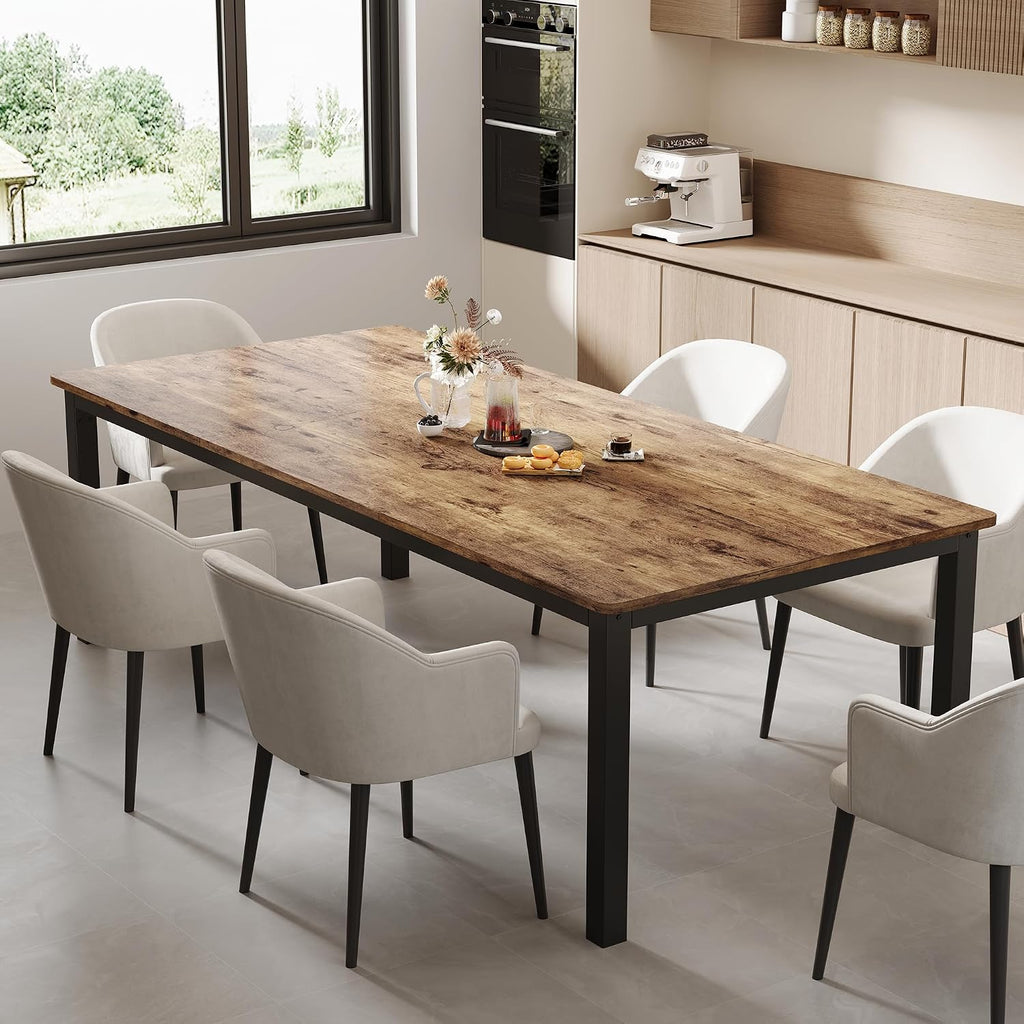 GarveeHome 78.7 in Industrial Dining Table for 6, Wooden Long Dinner Table with Mortise Tenon Design, Kitchen Table with Sturdy Metal Legs, for Dining Room Home Office Living Room, Retro