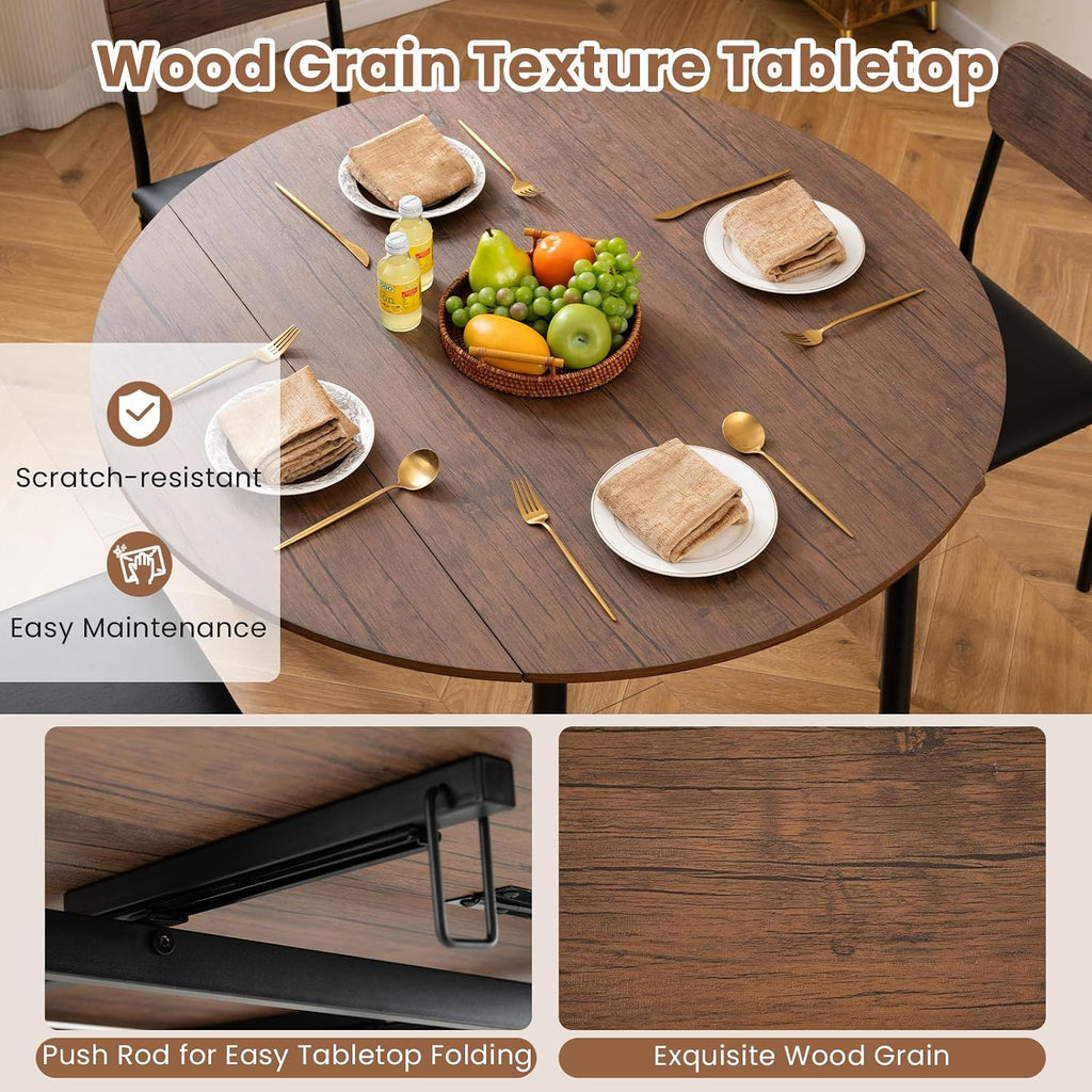 Giantex 5-Piece Dining Table Set for 4, 43.5' Round Kitchen Table and 4 Upholstered Dining Chairs with Drop Leaf Tabletop, Sturdy Metal Frame, Space Saving Farmhouse Dinette Set for Dinette Dinner
