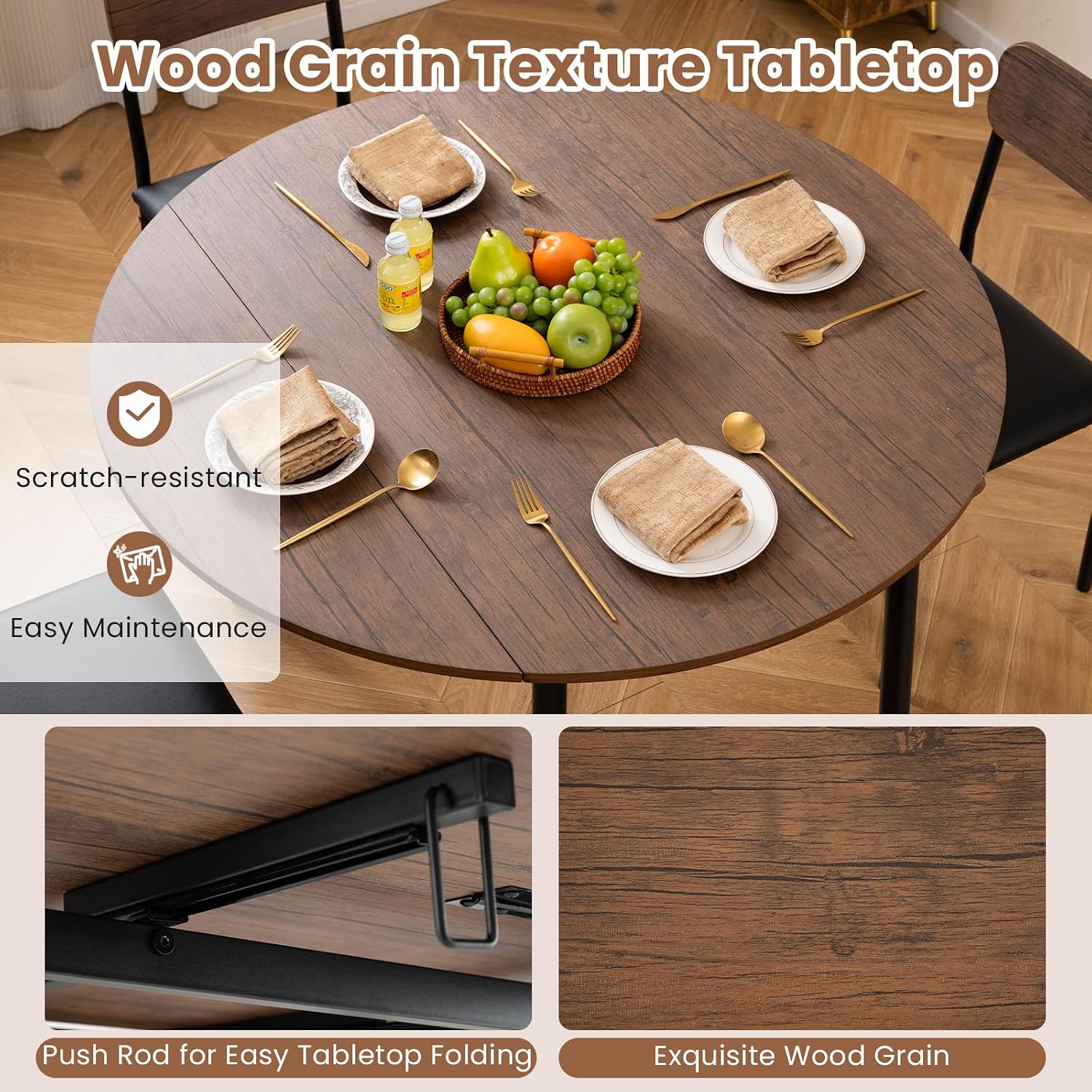 Giantex 5-Piece Dining Table Set for 4, 43.5' Round Kitchen Table and 4 Upholstered Dining Chairs with Drop Leaf Tabletop, Sturdy Metal Frame, Space Saving Farmhouse Dinette Set for Dinette Dinner