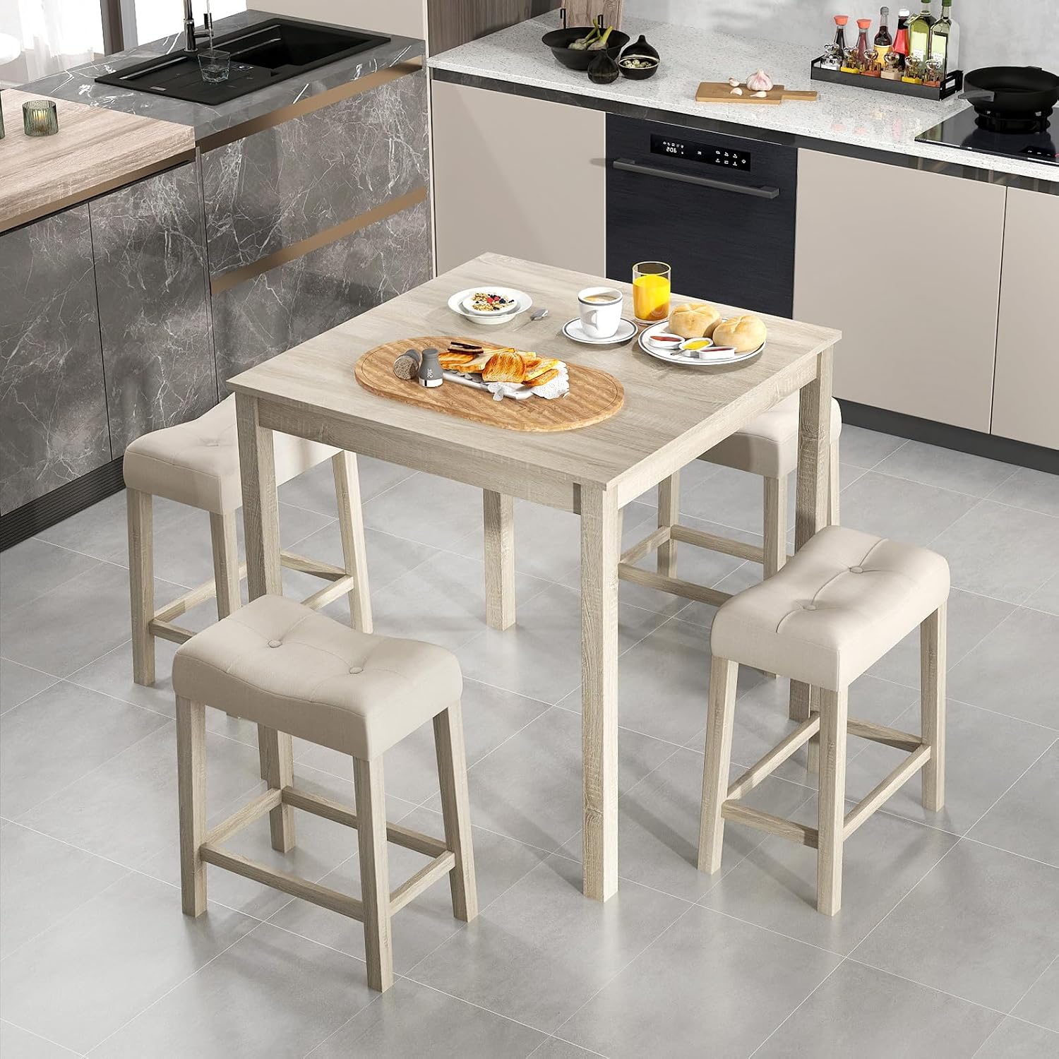 COSTWAY 5-Piece Bar Table Set, Square Breakfast Set for 4 w/Padded Stools, Small Kitchen Table Set w/Rubber Wood Legs, Space-Saving Dining Table Set for Living Room, Kitchen, Small Space