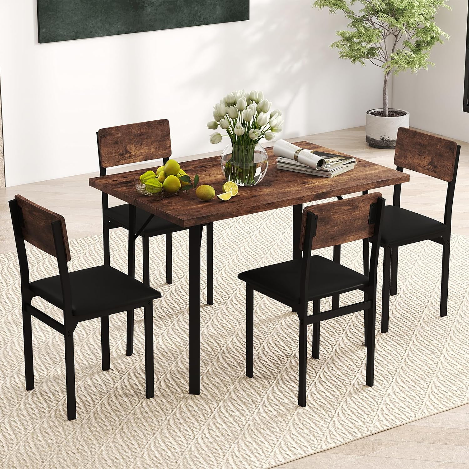 Giantex 5-Piece Dining Table Set for 4, Industrial Kitchen Table and 4 PU Leather Upholstered Chairs with Metal Leg, Padded Seat, Space-Saving Dinette Set for Small Space Apartment Breakfast Nook