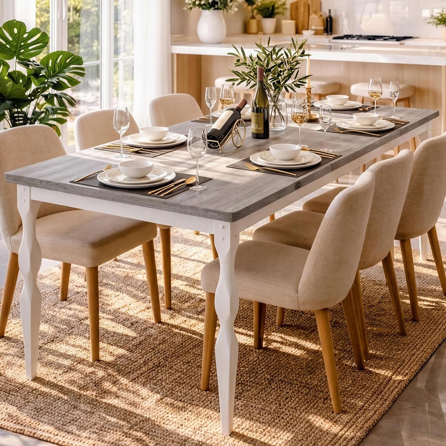 Garvee 71-Inch Modern Farmhouse Dining Table, Large Rectangular Kitchen Table for 6-8 People, Sturdy Wood Top with Unique Legs, Scratch-Resistant Dining Room Furniture for Party, Big Family, Grey