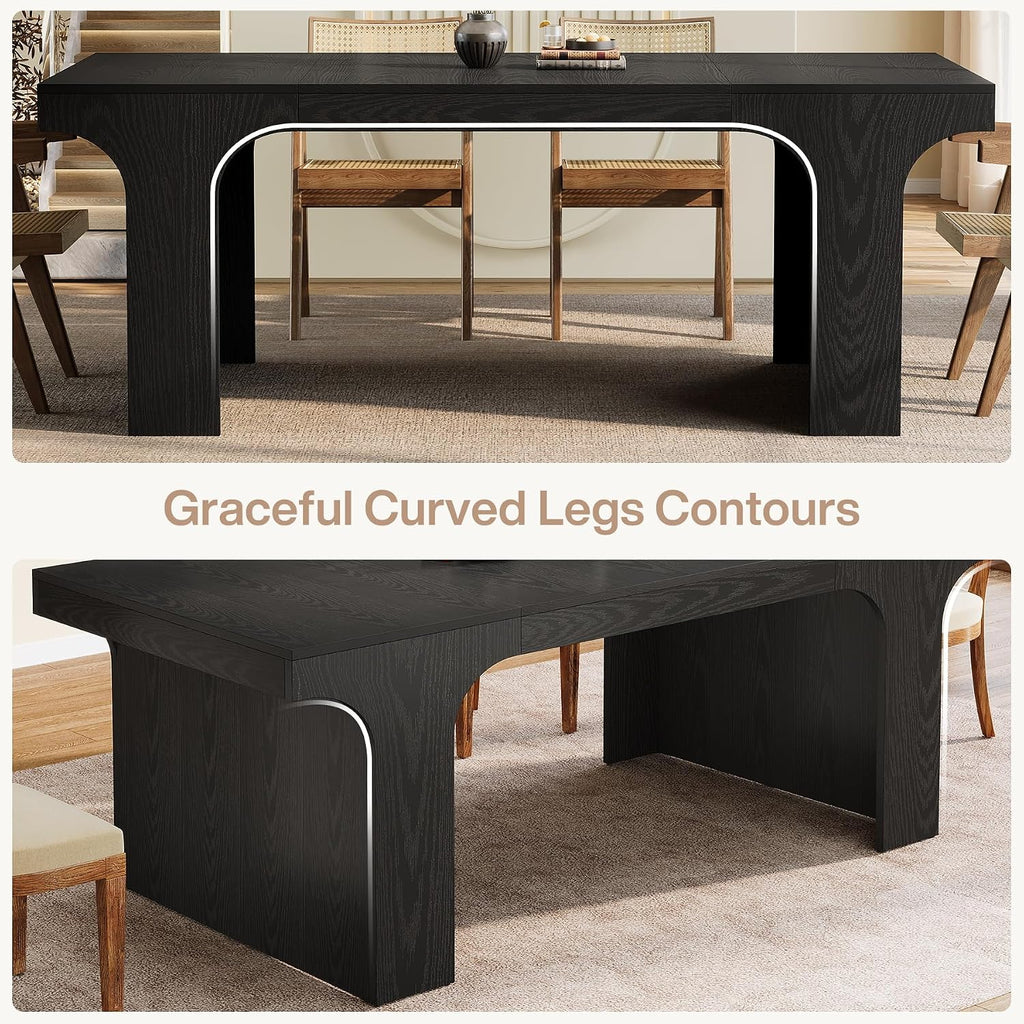 Tribesigns 71-Inch Farmhouse Dining Table for 6-8, Long Modern Wooden Kitchen Table with Arched Design, Large Rectangular Dining Furniture with Double Pedestal for Dinner Room, Black
