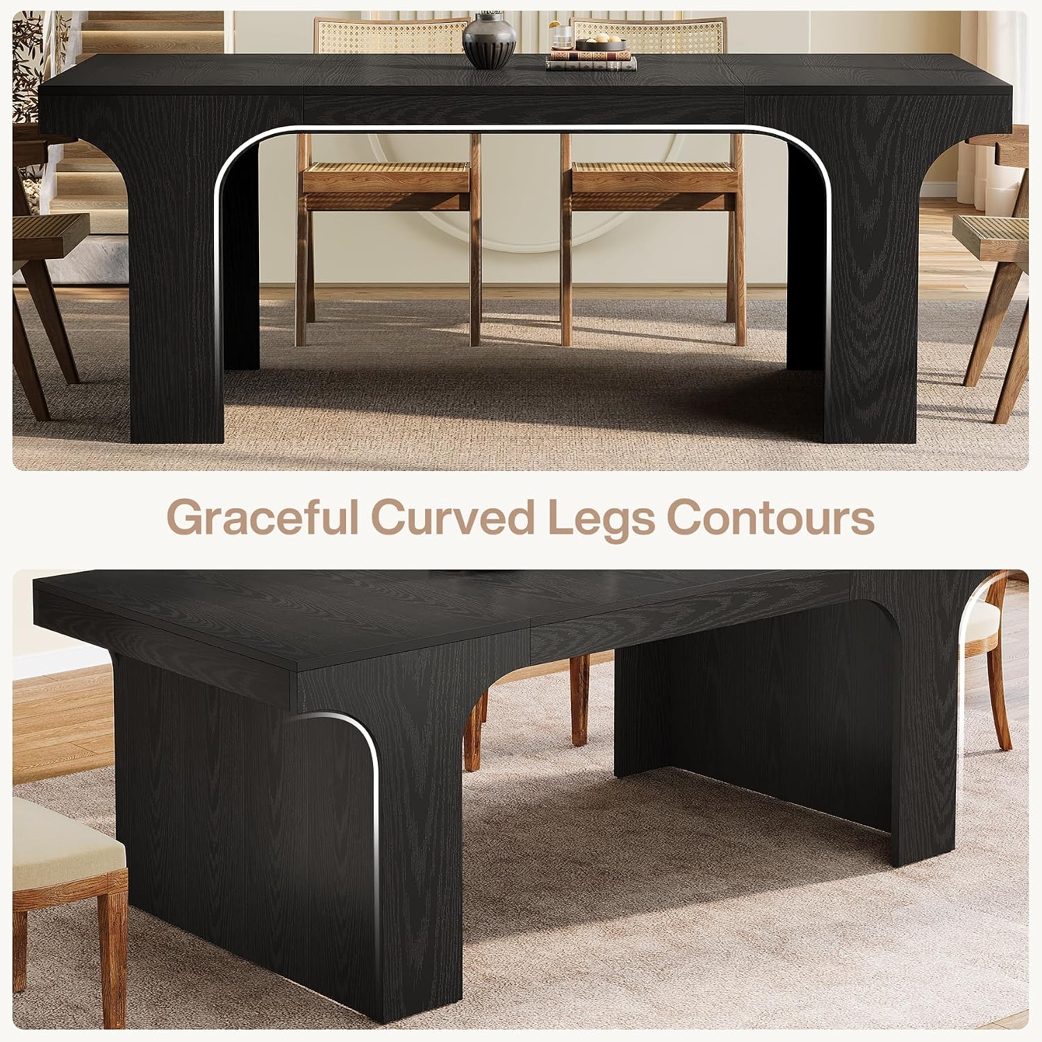 Tribesigns 71-Inch Farmhouse Dining Table for 6-8, Long Modern Wooden Kitchen Table with Arched Design, Large Rectangular Dining Furniture with Double Pedestal for Dinner Room, Black