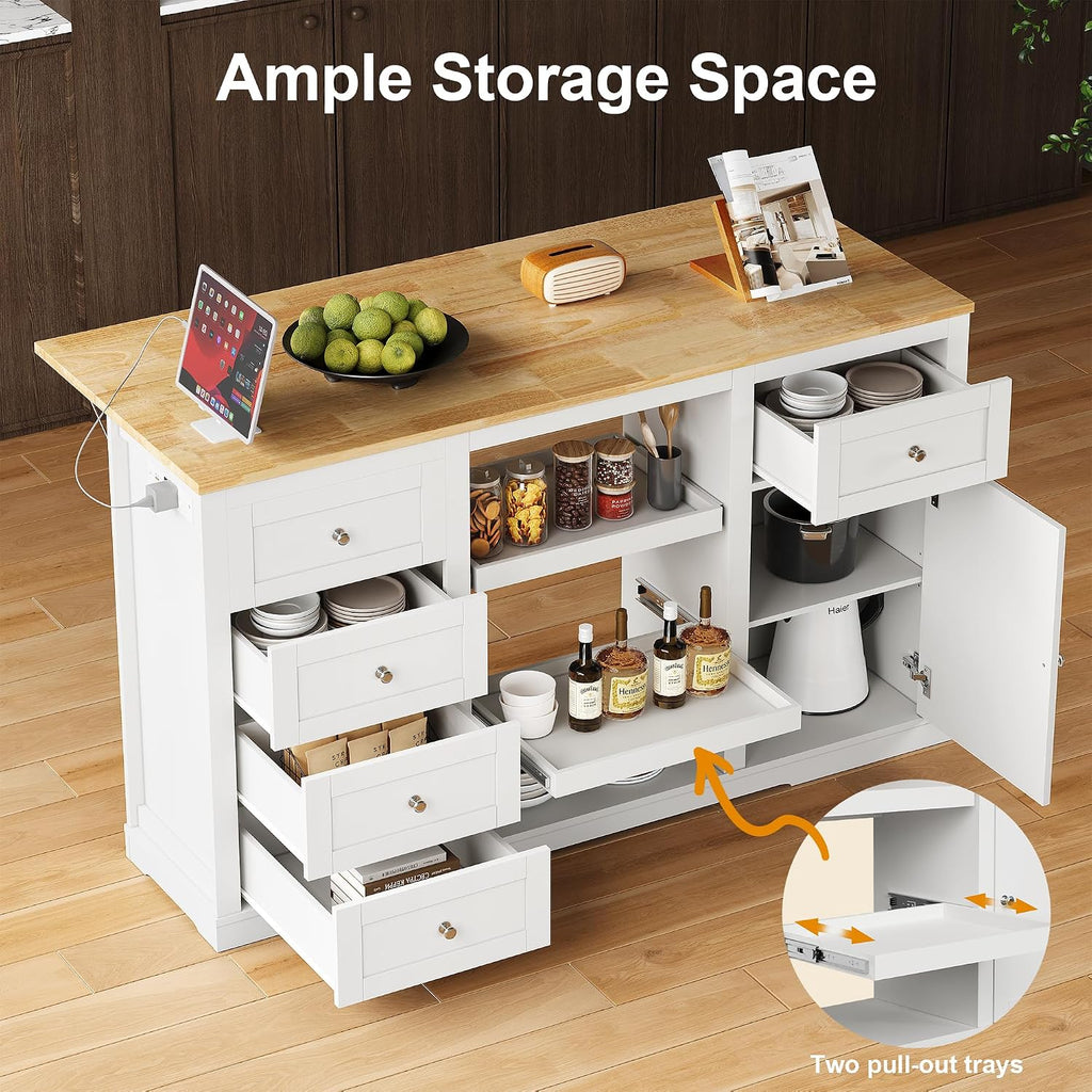 RoyalCraft 59'' Kitchen Island with Storage and Drop Leaf, Kitchen Island Table, Coffee Station Cabinet with Solid Rubber Wood Top, Pull-Out Trays, Drawers, Adjustable Shelves, Power Outlet, White