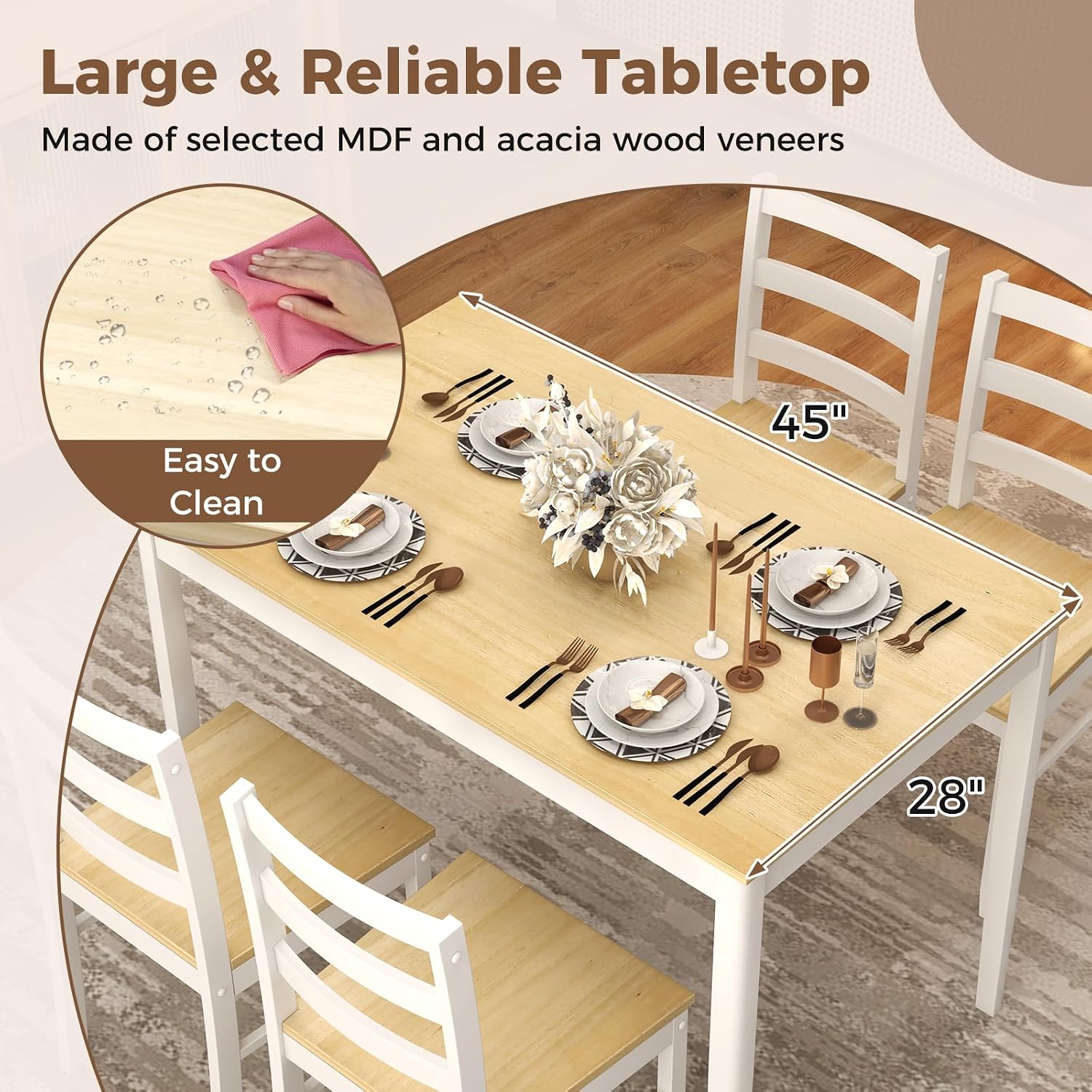 COSTWAY Dining Table Set for 4, Wood Kitchen Table Chairs Set with Rubber Wood Legs, Space-Saving Design, Modern 5-Piece Dinette Set for Small Place, Kitchen, Dining Room, Restaurant (Natural)