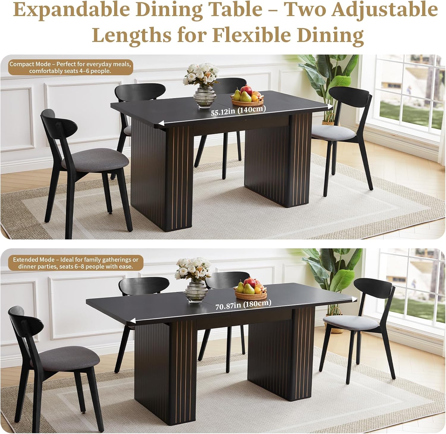 55 in–71 in Extendable Rectangular Dining Table for 4–6, Modern Farmhouse Expandable Kitchen Table with Carved Line Base, Wooden Dinner Table for Kitchen Living Room Home Office (Black)