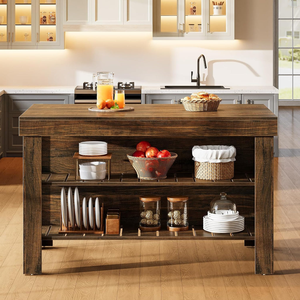 Tribesigns Kitchen Island with Seating and Storage Shelves, 55.1-Inch Breakfast Counter Farmhouse Island Table for Kitchen Dining Room (Deep Brown)