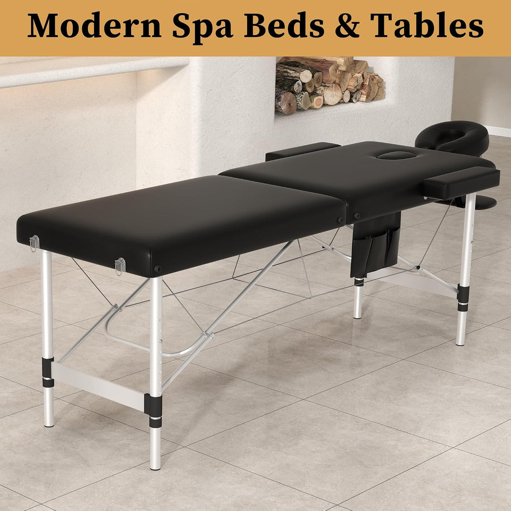 civama Massage Table Massage Bed Portable, 26 LBs Light Weight 2 Section Foldable Tattoo Bed Facial Care Spa Lash Bed Height Adjustable Sturdy Aluminum Frame with Accessories Carrying Bag, Black