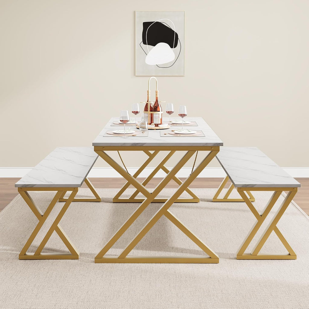 GarveeHome Kitchen Table with 2 Benches, Dining Table Set for 4 with Faux Marble Tabletop, Saving Space Dining Room Table Set for Kitchen, Dining Room, Apartment, Sturdy Metal Frame