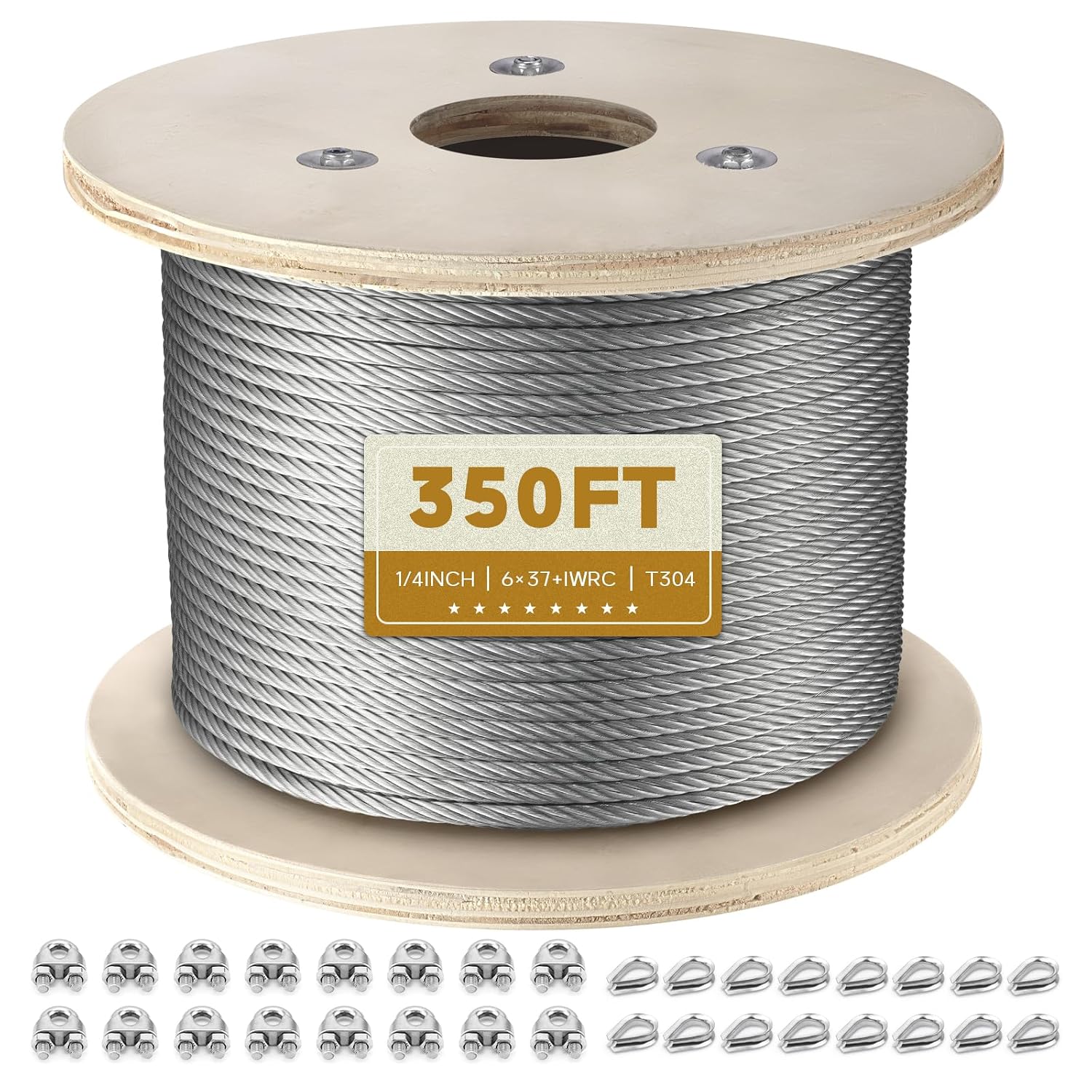 1/4' Stainless Steel Cable, 350FT Wire Rope Aircraft Cable with Cable Clamps and Thimbles for Backyard Zipline, String Lights and Deck Railing, 6x37 Strands Construction