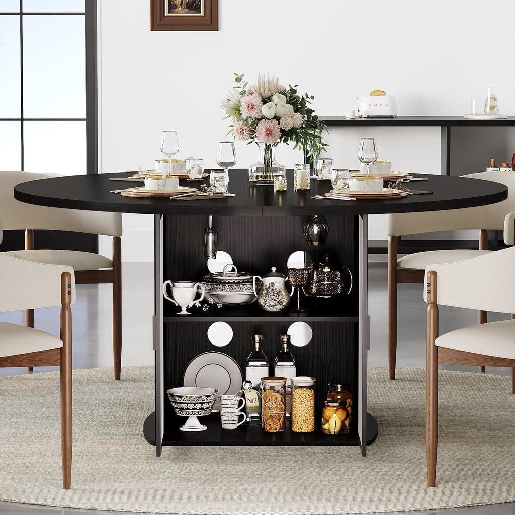 IBF Black Round Dining Table for 4-6, 47' Kitchen Table with Fridge Space, Modern Dining Room Tables with Storage, Industrial Wood Dinner Tables for Home Kitchen Living Room, Black Oak, Only Table