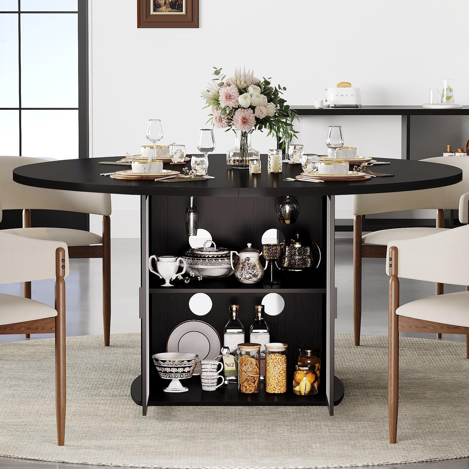 IBF Black Round Dining Table for 4-6, 47' Kitchen Table with Fridge Space, Modern Dining Room Tables with Storage, Industrial Wood Dinner Tables for Home Kitchen Living Room, Black Oak, Only Table