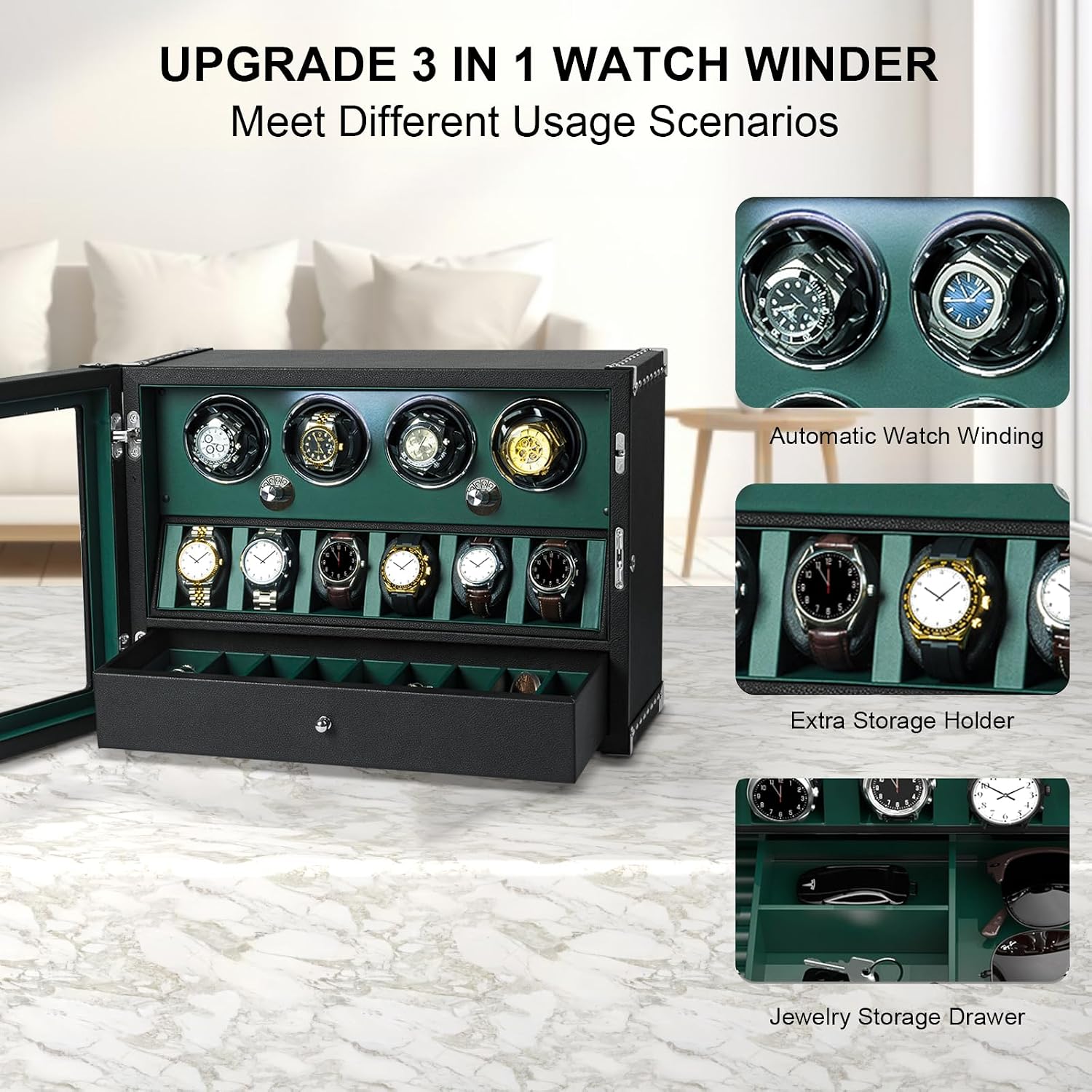 DUKWIN Watch Winder for 4/6/8 Automatic Watches, Lockable Winders with Watch Holders and Jewelry Storage, Super Quiet Motor with High-Gloss Finish, Built-in Illumination
