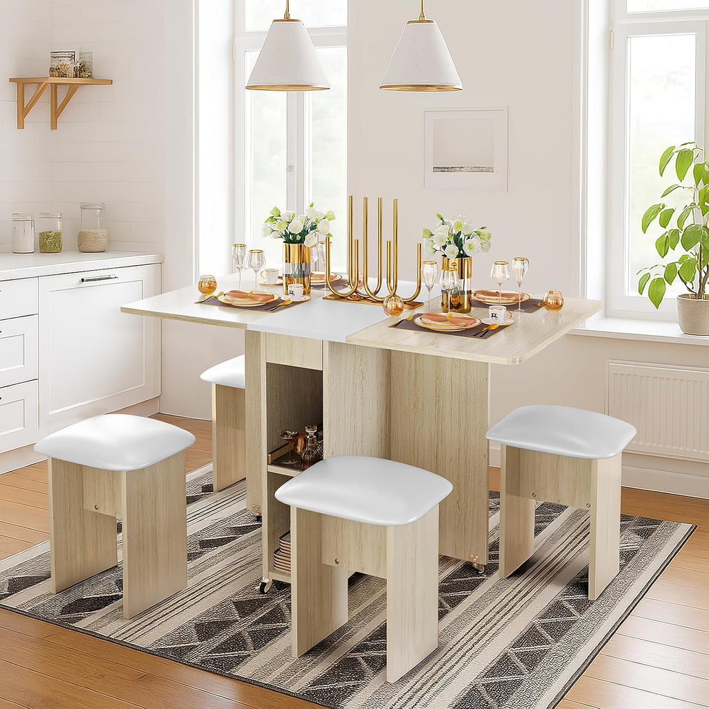 AWQM Foldable Dining Table Set for 4,Folding Dining Table with 4 Leather Chairs & Storage,Drop Leaf Dinner Table with 6 Wheels,Folding Kitchen Table and Chairs Set for Small Spaces,Beige
