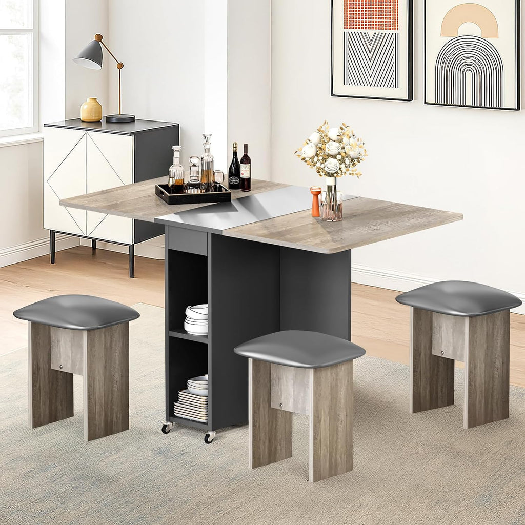 AWQM Foldable Dining Table Set for 4,Folding Dining Table with 4 Leather Chairs & Storage,Drop Leaf Dinner Table with 6 Wheels,Folding Kitchen Table and Chairs Set for Small Spaces,Grey