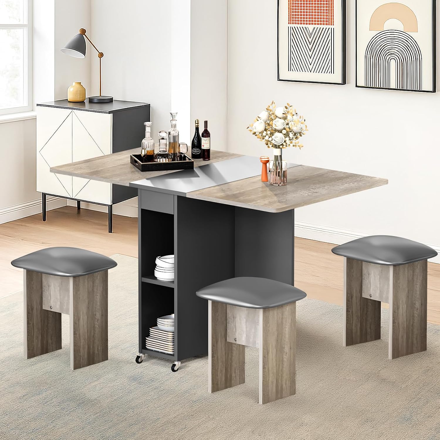 AWQM Foldable Dining Table Set for 4,Folding Dining Table with 4 Leather Chairs & Storage,Drop Leaf Dinner Table with 6 Wheels,Folding Kitchen Table and Chairs Set for Small Spaces,Grey