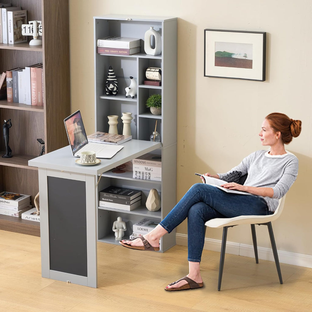 Folding Desk with Storage,Foldable Convertible Writing table with Blackboard and Shelves,Wall Mount Fold Out Table Cabinet , Space-Saving Murphy Desk for Multi-Function Home Office Workstation (Grey)