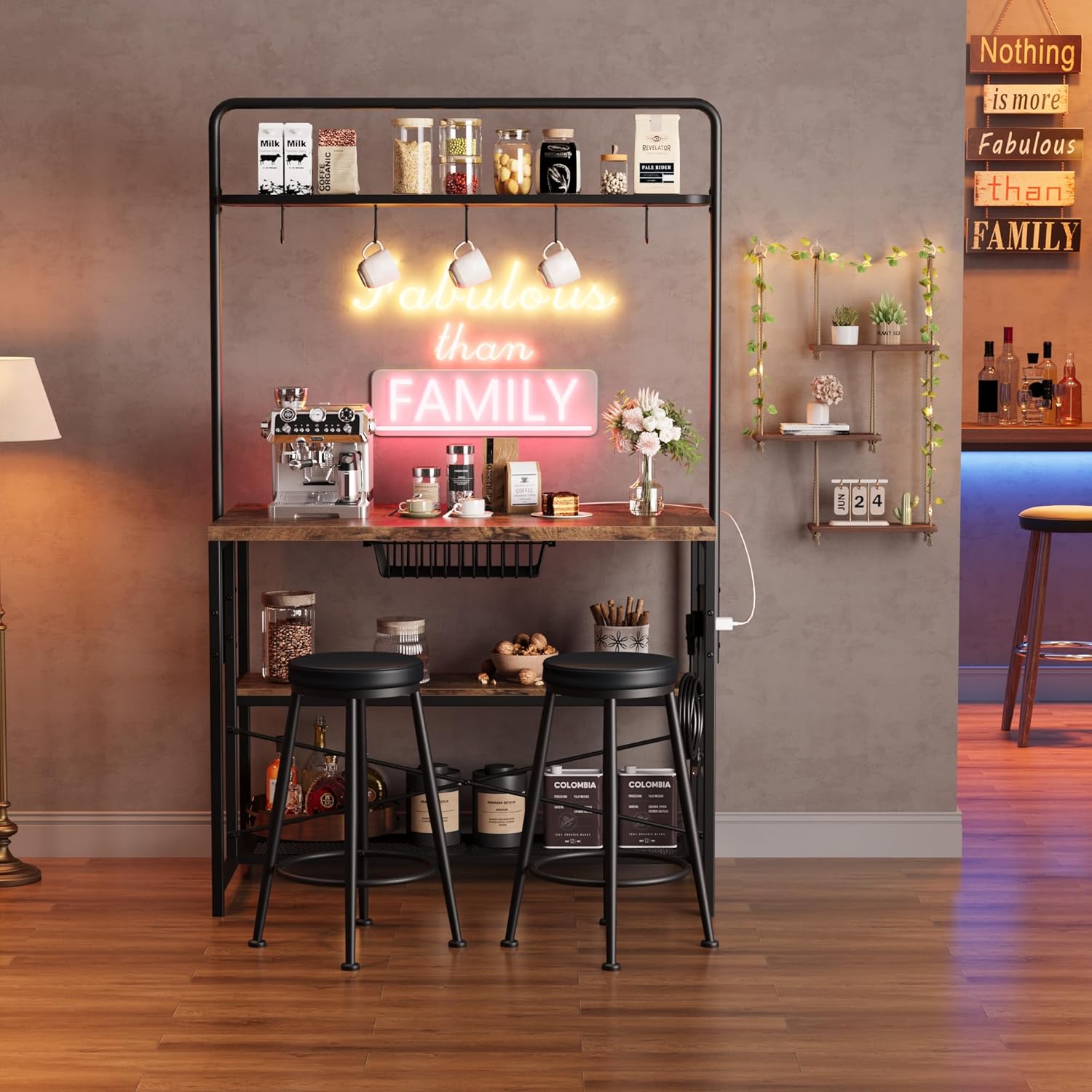 Garvee Kitchen Island with Power Outlet & 2 Bar Stools, Industrial Bakers Rack with 3-Tier Shelves & 5 Hooks, Microwave Stand Coffee Bar Table for Dining Room, Living Room, Apartment