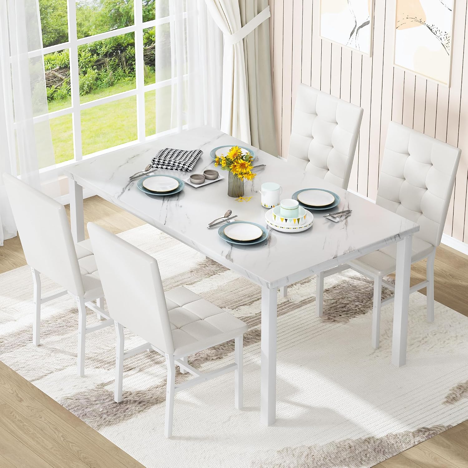 AWQM Dining Table Set for 4,Faux Marble Kitchen Table and Chairs Set of 4, Modern Dining Room Table Set for 4,Dinner Table with 4 Leather Chairs, Dinette Set for Small Spaces,White